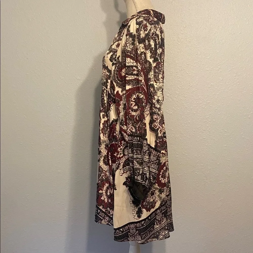 Free People Ivory & Burgundy say You Love Me Love Sleeve Paisley Dress Size Med